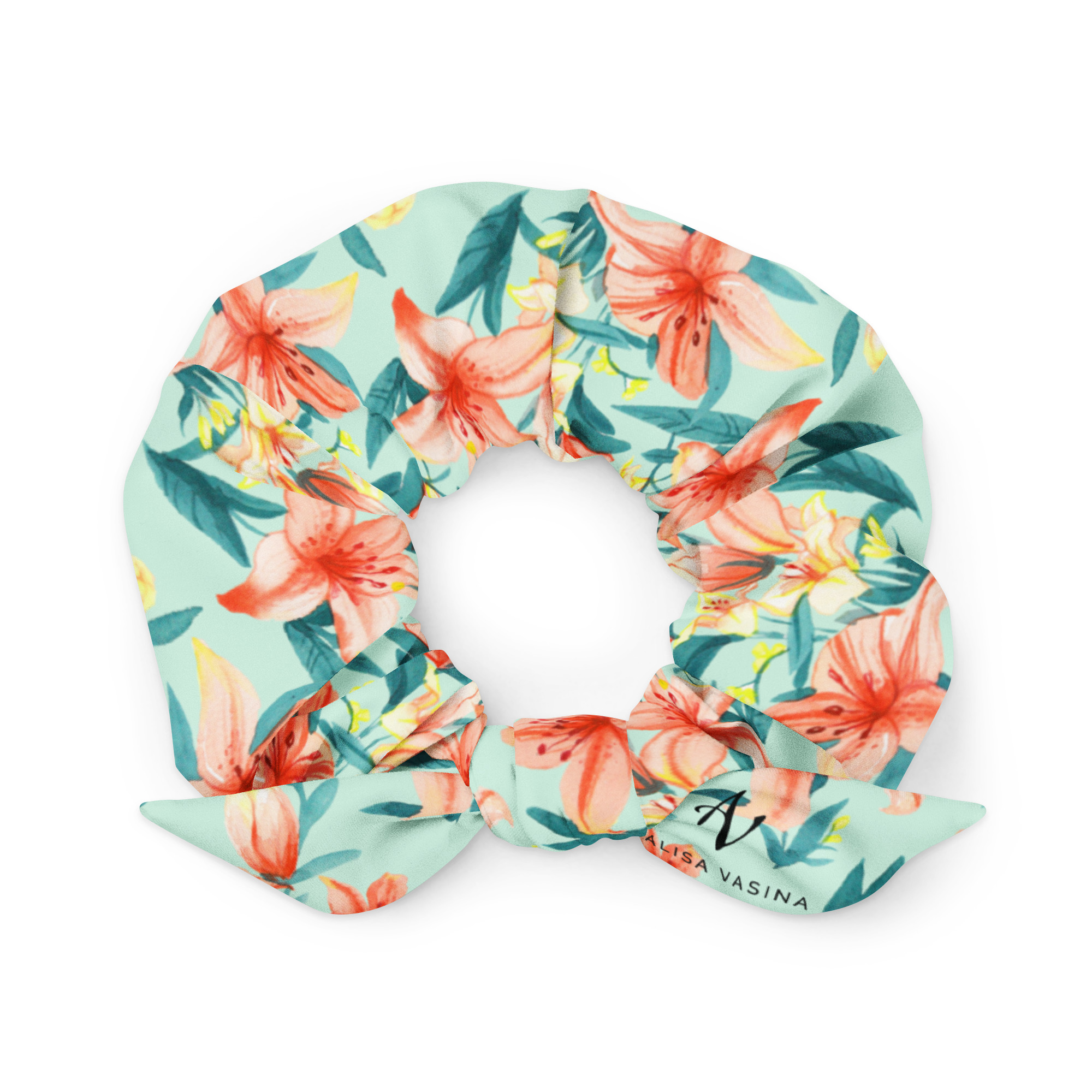 all-over-print-recycled-scrunchie-white-front-684d260828fb8.jpg Juuksekumm tiigerliilia